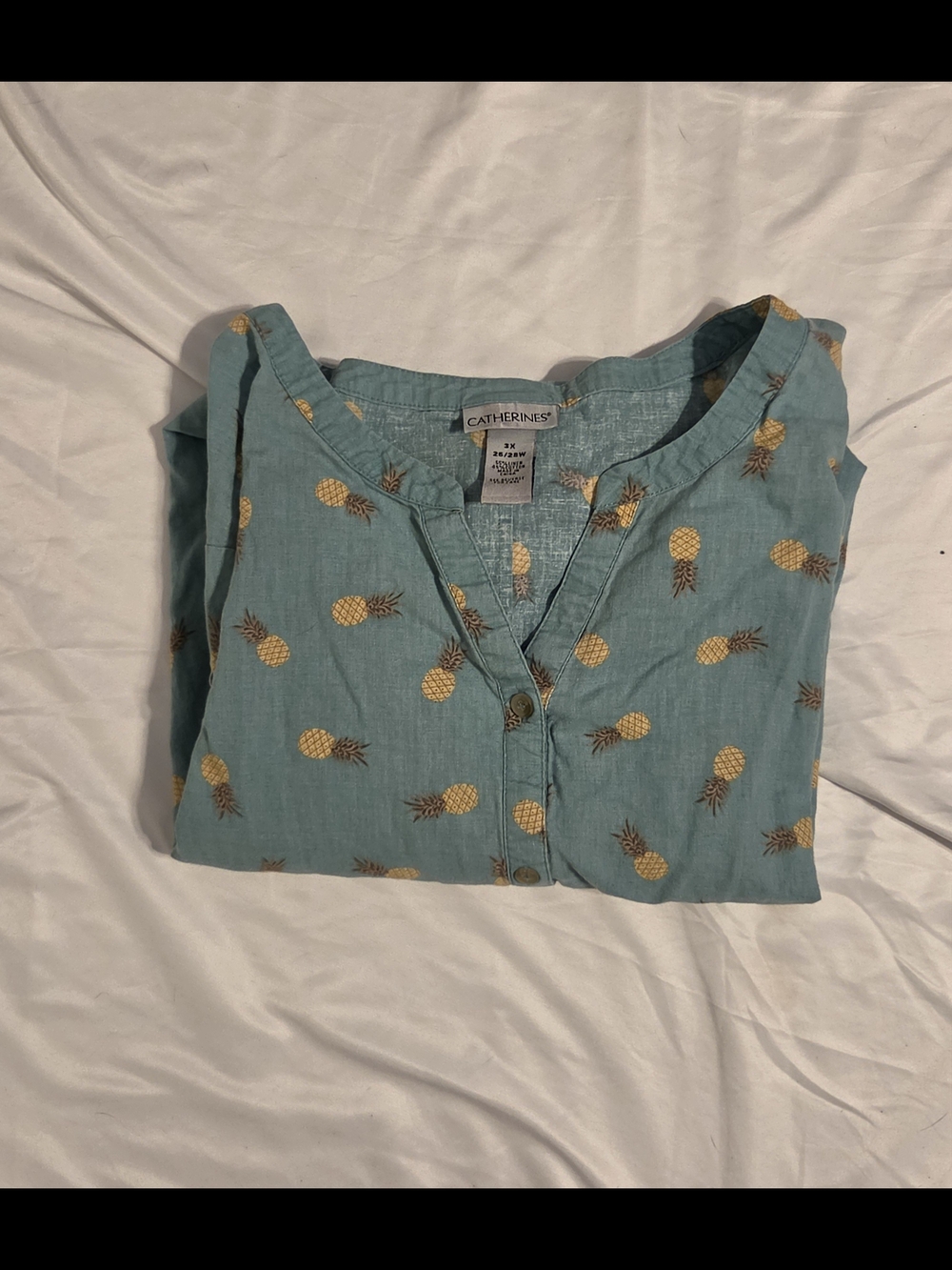 Catherines Teal Pineapple Print Henley Top - Picture 3 of 6